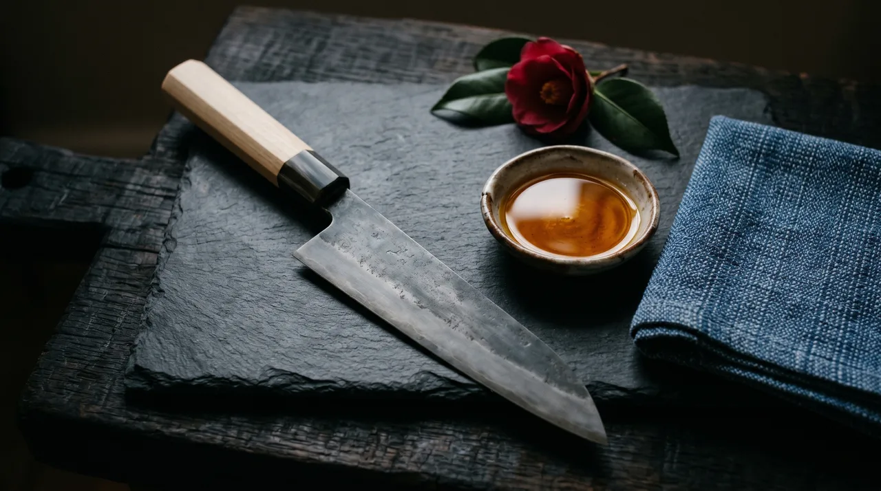 Cuchillo japonés de acero al carbono junto a un cuenco de aceite de camelia y un paño índigo