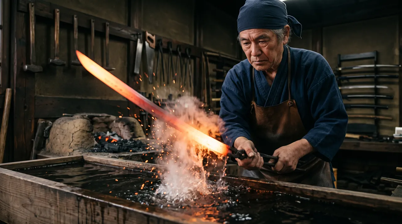 Un maestro herrero japonés sumerge una hoja al rojo vivo en agua durante el temple, entre vapor y chispas, en su fragua tradicional