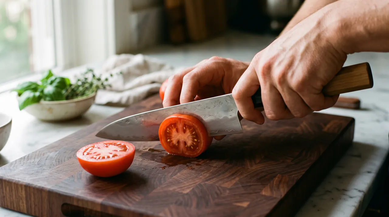 Una mano corta limpiamente un tomate en dos mitades con un gyuto japonés de mango de madera sobre una tabla de veta terminal