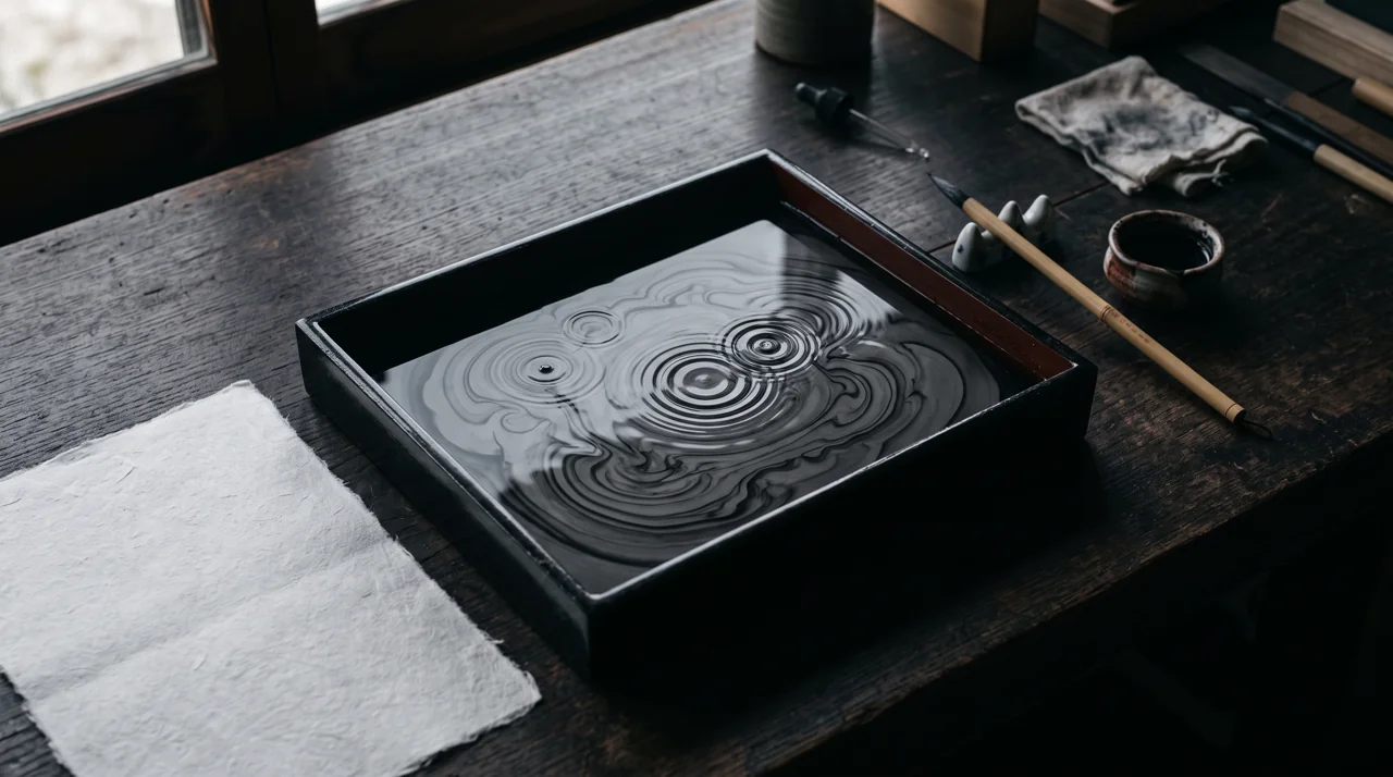 Una bandeja de laca negra con agua sobre una mesa de madera oscura, con tinta china formando anillos concéntricos flotando en la superficie, junto a un pincel de bambú y una hoja de papel washi