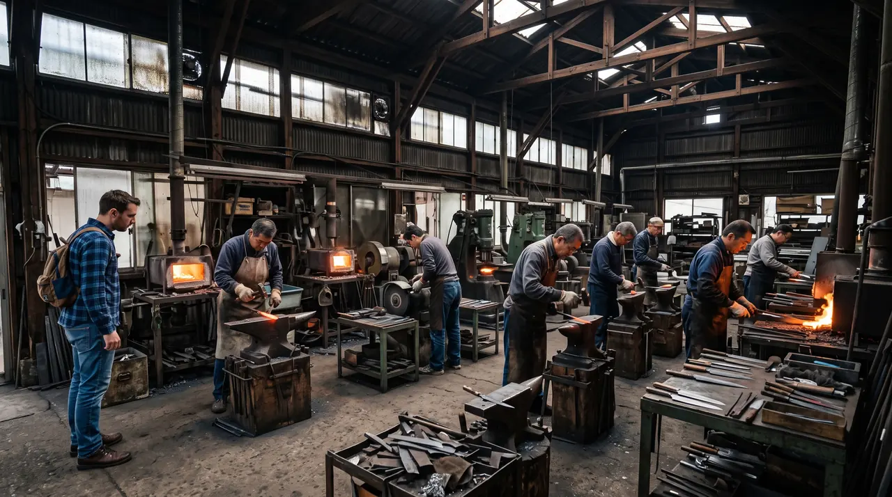 Interior del Takefu Knife Village de Echizen, una nave amplia donde varios herreros forjan a la vez cada uno en su puesto, con un visitante observando el oficio reunido bajo un mismo techo