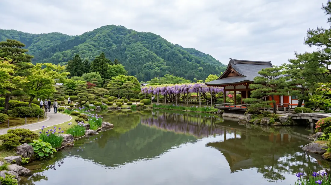 El parque Murasaki Shikibu de Echizen, un jardín de estilo Heian con un estanque, un pabellón de madera junto al agua y una pérgola de glicinias moradas en flor, con la montaña al fondo