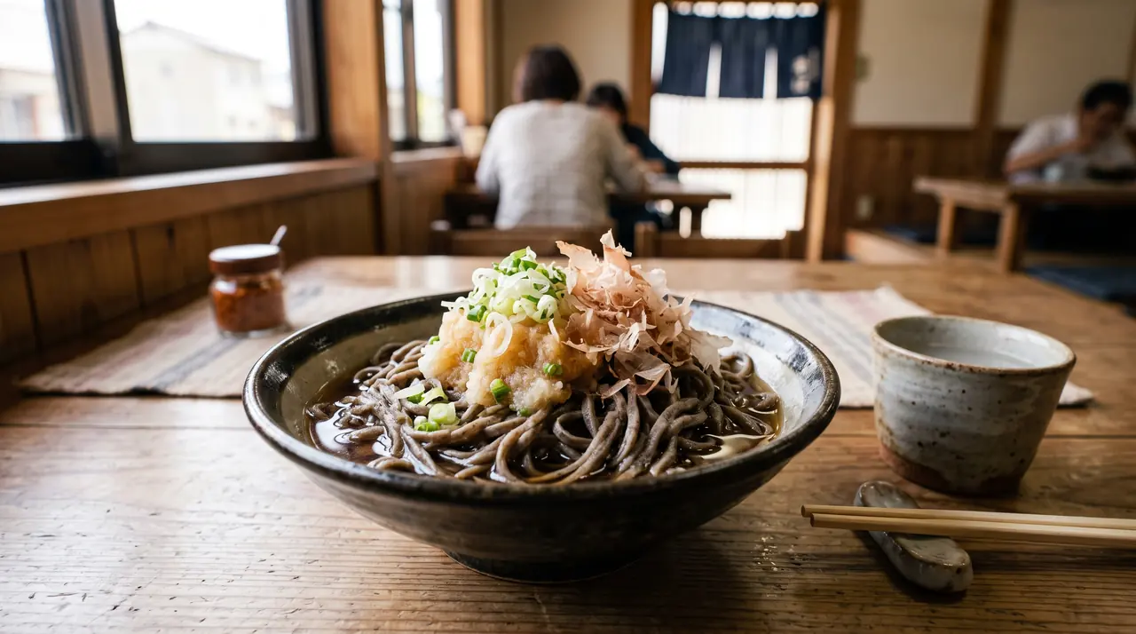 Un cuenco de Echizen oroshi soba, fideos de alforfón oscuros con daikon rallado picante, cebolleta y virutas de bonito, con el caldo por encima, en una sobería tradicional de Takefu