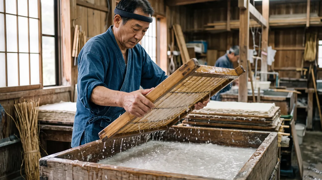 Un artesano de Echizen haciendo papel washi a mano, escurriendo el agua de la pulpa sobre la cuba con un bastidor de bambú, en un taller tradicional con luz de ventana