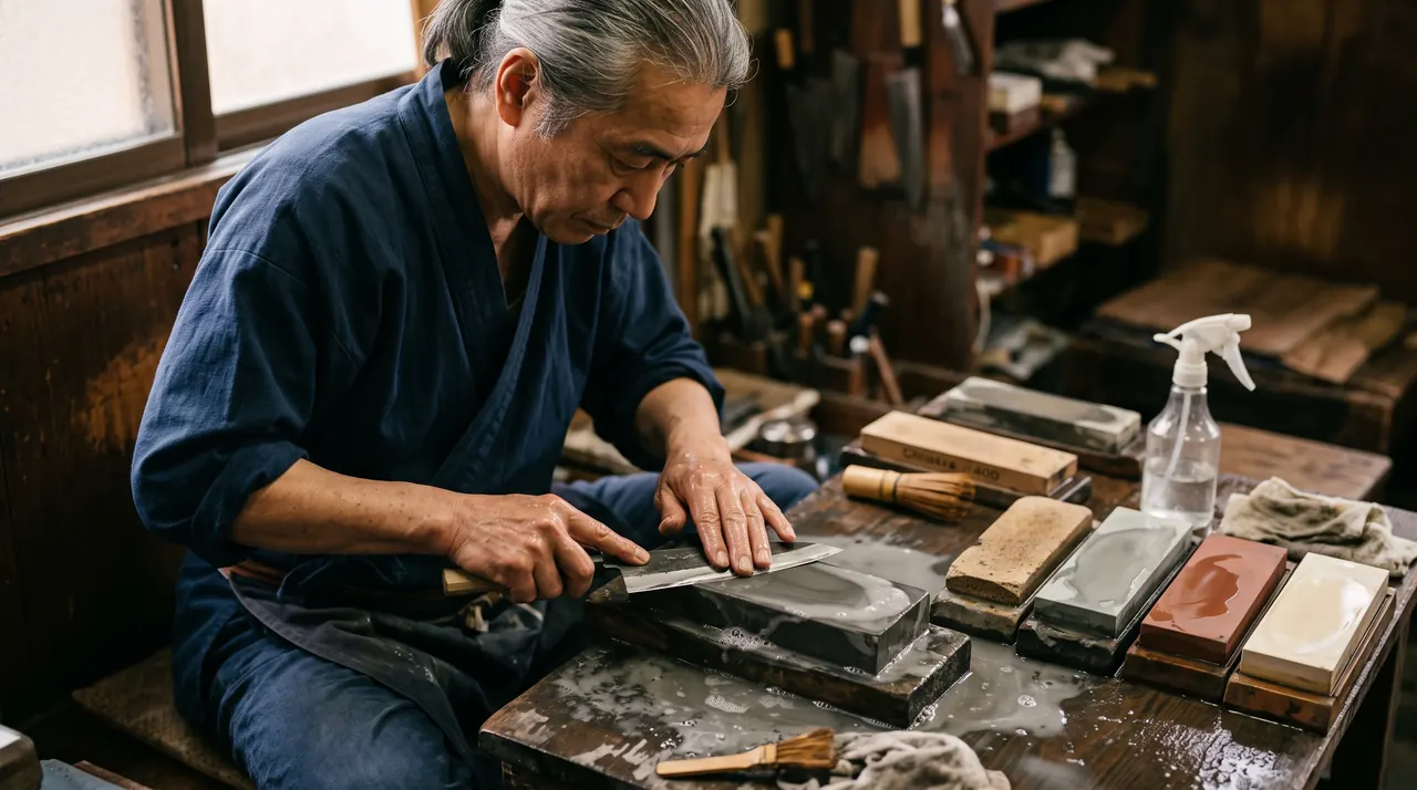 Un afilador profesional japonés pasando la hoja de un cuchillo por una gran piedra de agua, con una fila de piedras de distintos granos al lado, en su puesto de trabajo