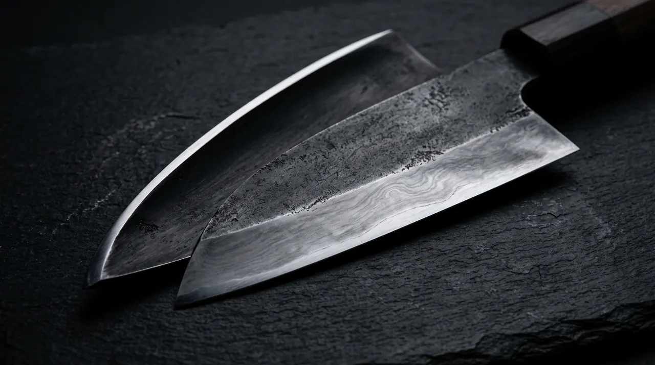 Primer plano de la geometría de un cuchillo japonés de un solo bisel: la cara ancha con el bisel plano y el acabado nublado kasumi, y el reverso casi plano con su sutil concavidad