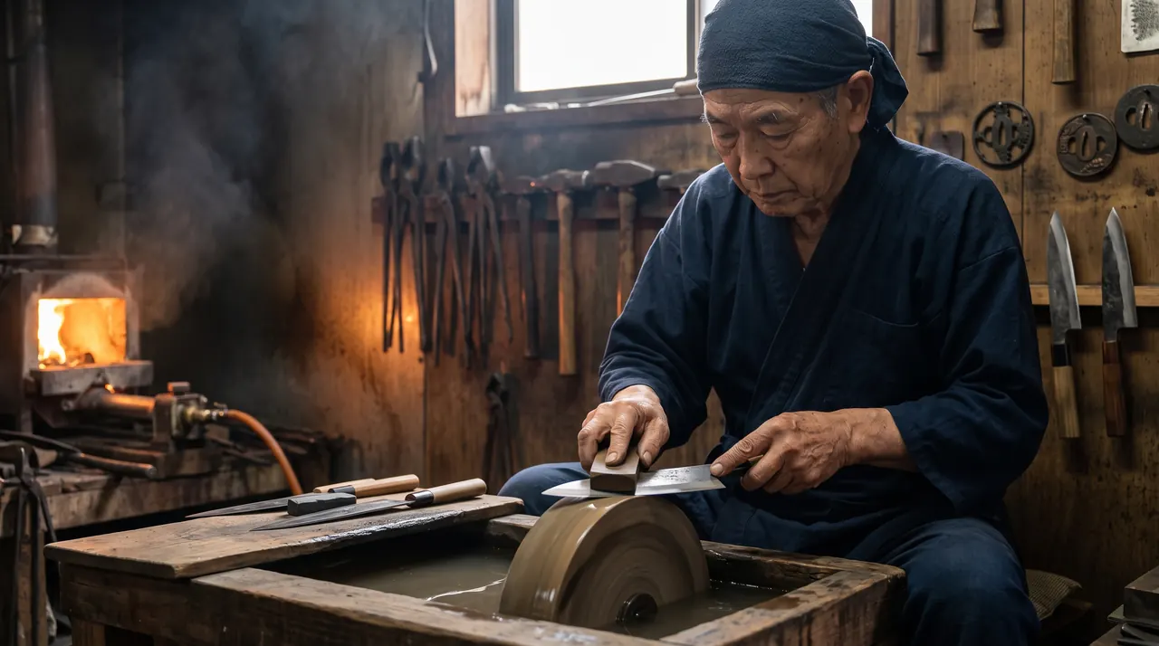 Un viejo forjador de espadas reconvertido afilando un cuchillo de cocina en la muela de su fragua, con guardas de katana colgadas en la pared del fondo como rastro de su oficio anterior