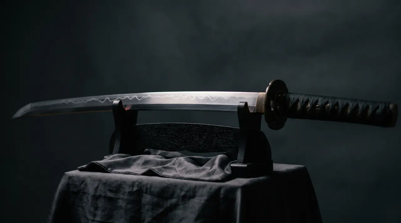 Una katana antigua sobre su soporte de madera, con una línea de luz que revela el hamon ondulado del filo, símbolo del samurái a punto de perder su mundo