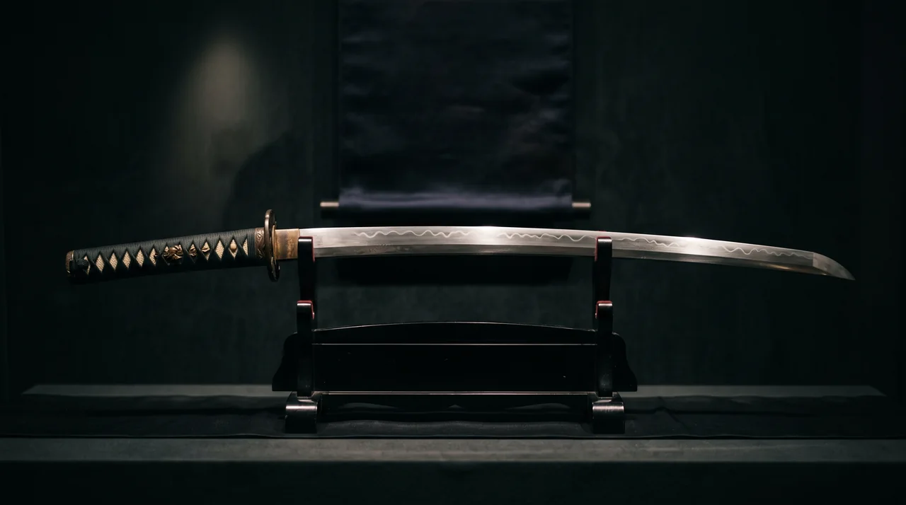 Una katana japonesa antigua sobre su soporte de madera lacada en negro, con la línea de temple ondulada recorriendo la hoja pulida