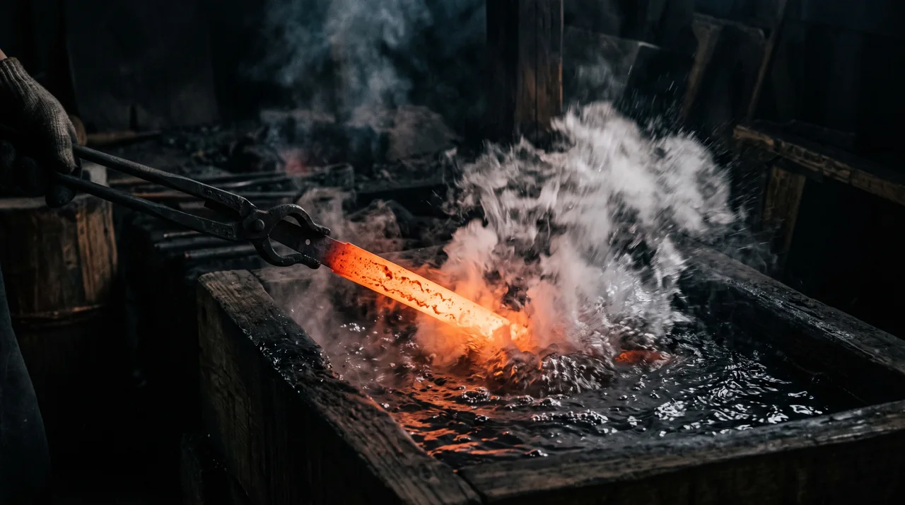 Una hoja japonesa al rojo vivo siendo sumergida de golpe en un pilón de agua durante el temple, con el vapor estallando alrededor del acero incandescente