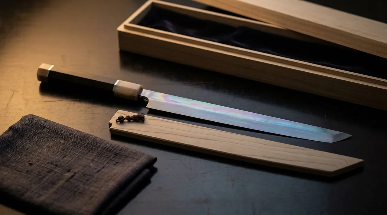 Un cuchillo honyaki japonés de coleccionista con su línea de temple iridiscente, junto a su funda de madera y su caja de paulownia, sobre superficie oscura