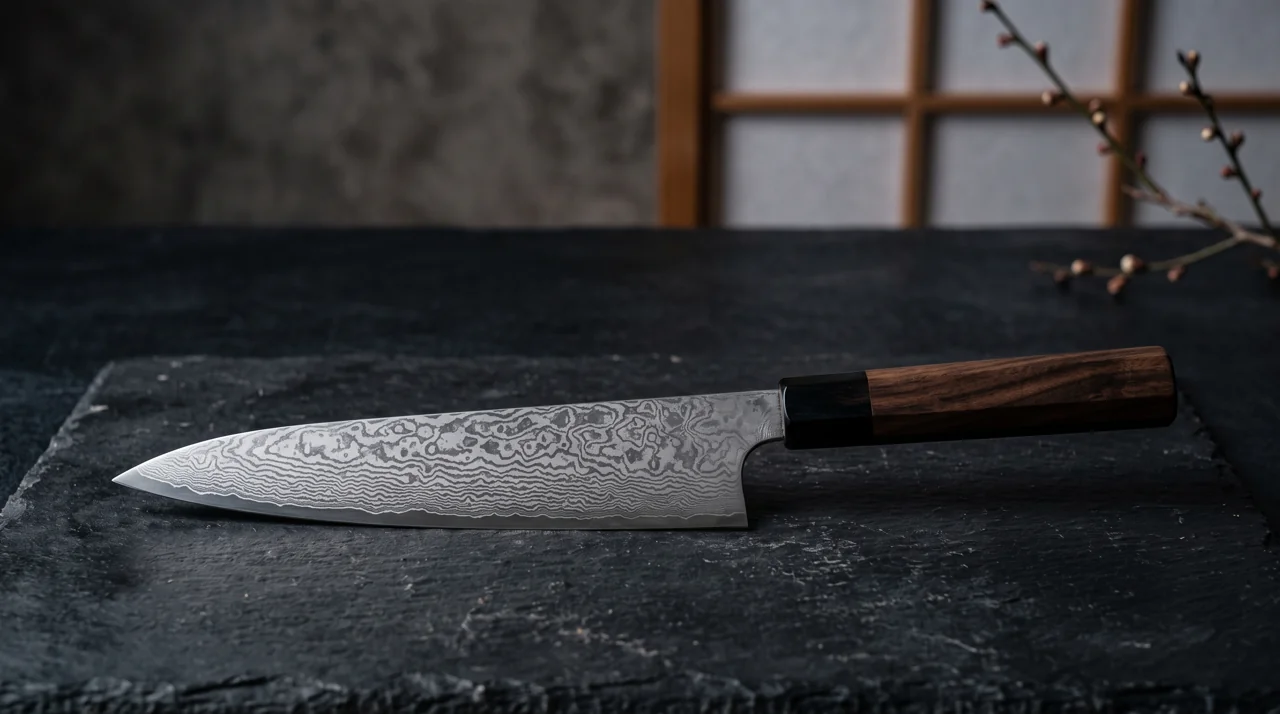 Primer plano de la hoja de un cuchillo japonés damasco, con el patrón ondulado de aguas recorriendo el acero pulido bajo una luz lateral