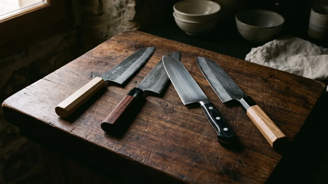 Un santoku de hoja ancha reposando sobre una tabla de madera oscura, iluminado de lado con luz cálida y fondo en penumbra