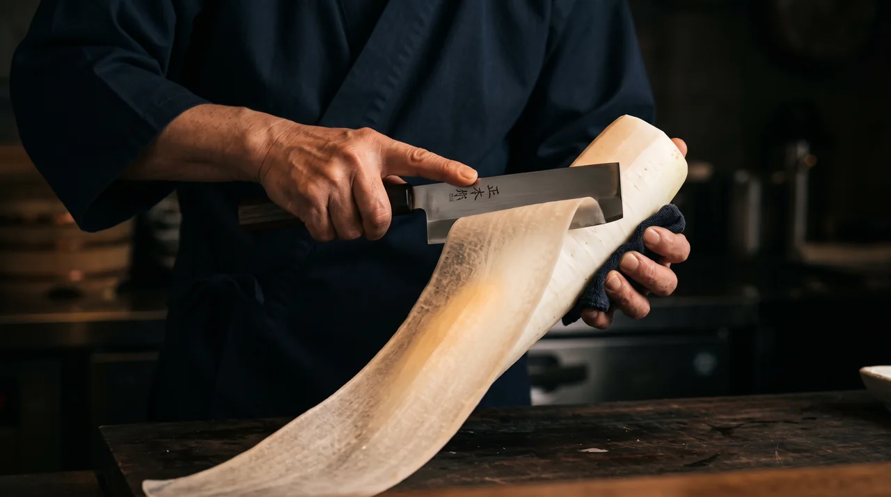 Las manos de un cocinero japonés pelando un daikon en una lámina continua y finísima con un cuchillo usuba, la hoja translúcida desenrollándose