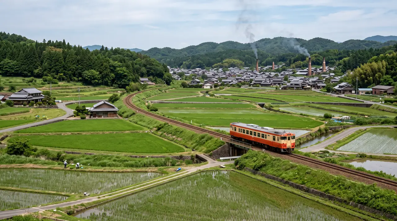 Tren local cruzando los arrozales de Okayama camino de Bizen Osafune, con las chimeneas de los hornos de Bizen-yaki de Imbe humeando al fondo