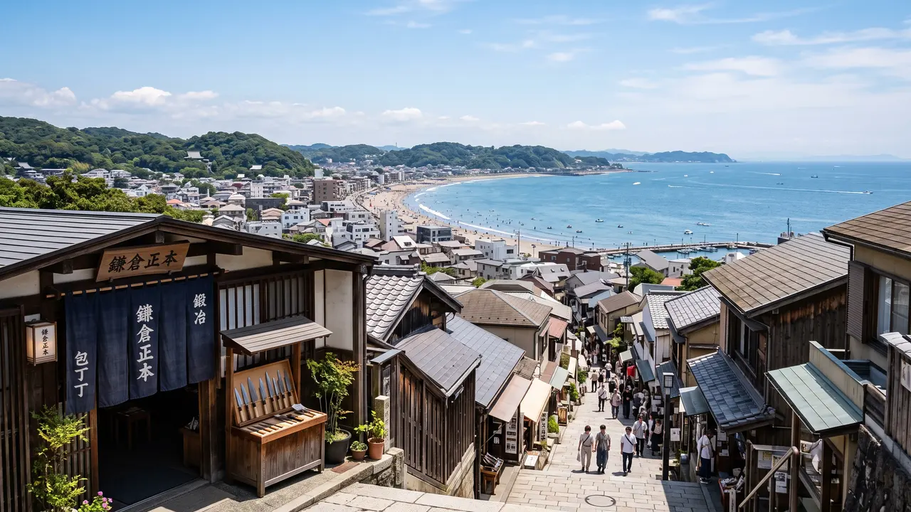 Vista de Kamakura junto a la bahía de Sagami, con la ciudad entre las colinas boscosas y el mar abierto al fondo bajo luz de día