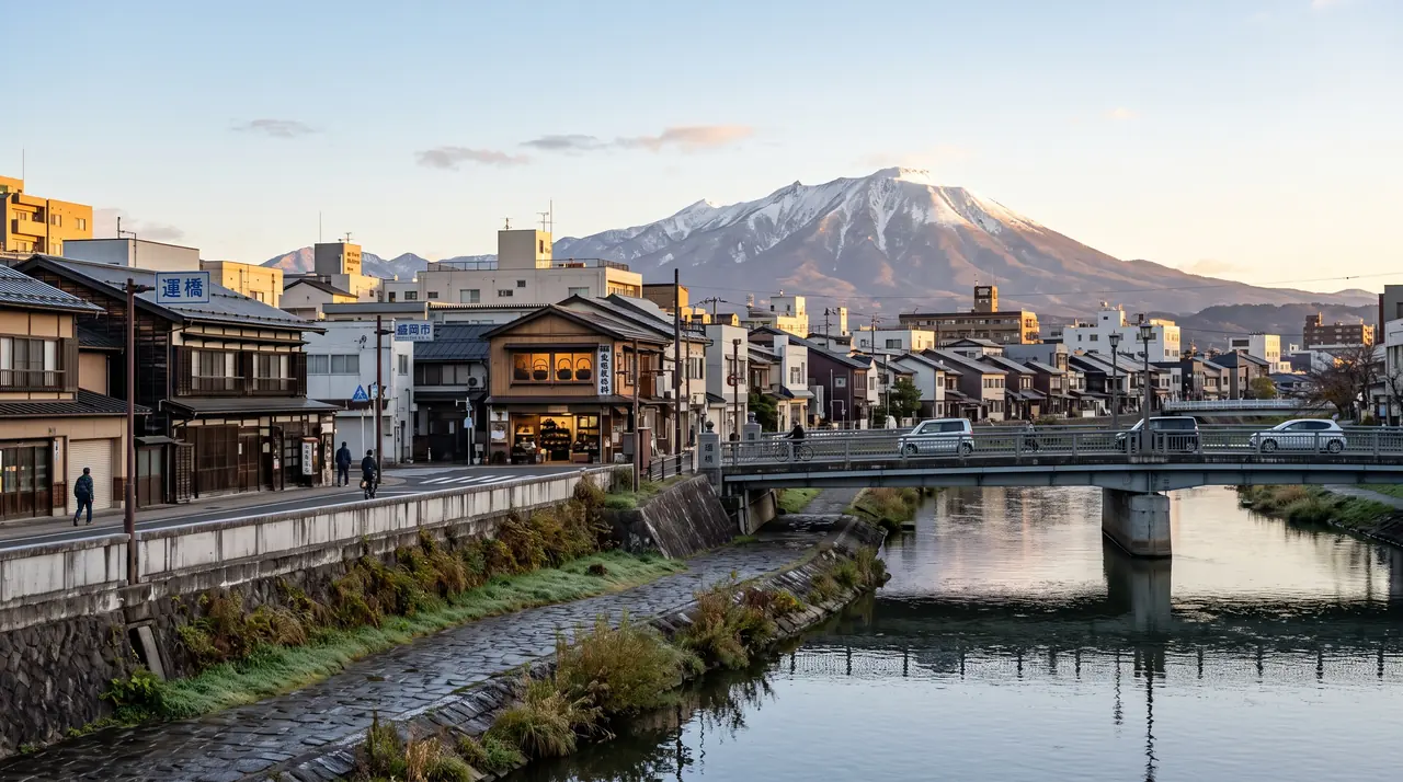 La ciudad de Morioka al amanecer desde la orilla del río Kitakami, con el monte Iwate nevado dominando el fondo