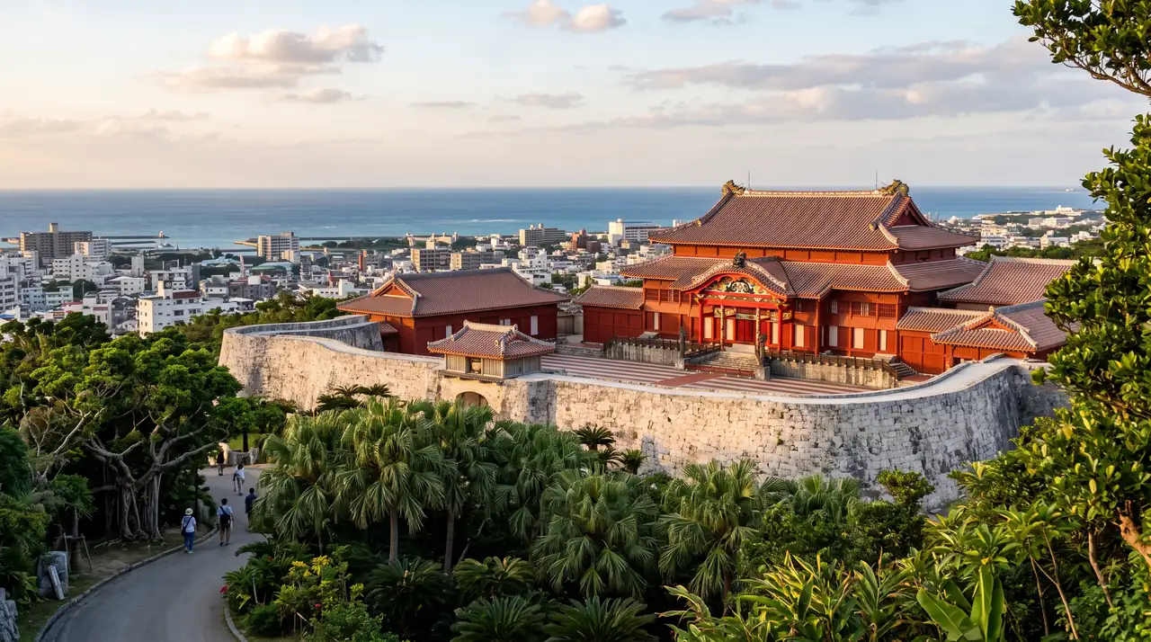 El castillo de Shuri sobre su muralla de piedra coralina en Naha, con el salón principal rojo y la ciudad bajando hasta el mar al atardecer