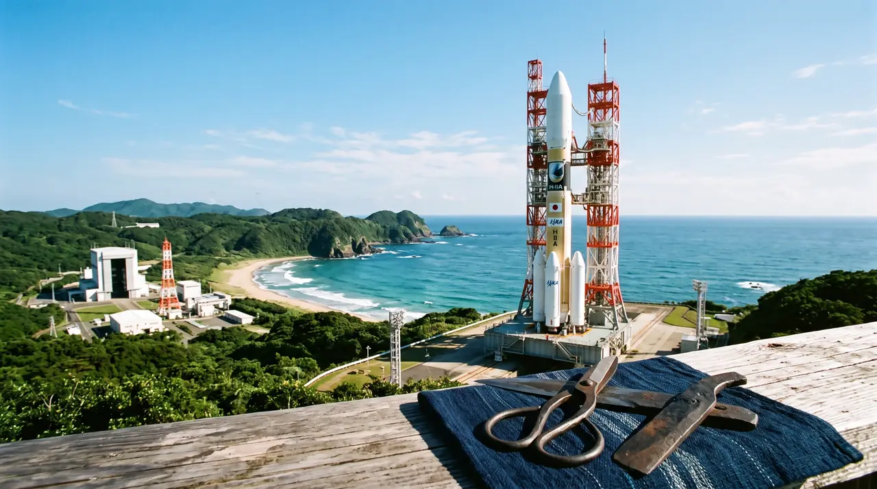 Un cohete blanco en su plataforma de lanzamiento junto al mar turquesa de Tanegashima, con el complejo espacial de JAXA a un lado, y en primer plano unas tijeras y una hoja de hierro forjadas a mano de la isla