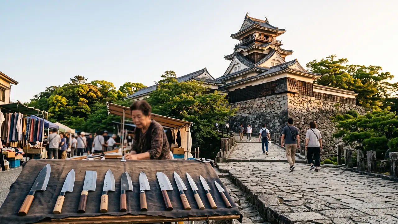 El castillo de Kōchi con su torre original de madera sobre los muros de piedra al atardecer, y en primer plano un puesto del mercado dominical con cuchillos forjados de Tosa expuestos