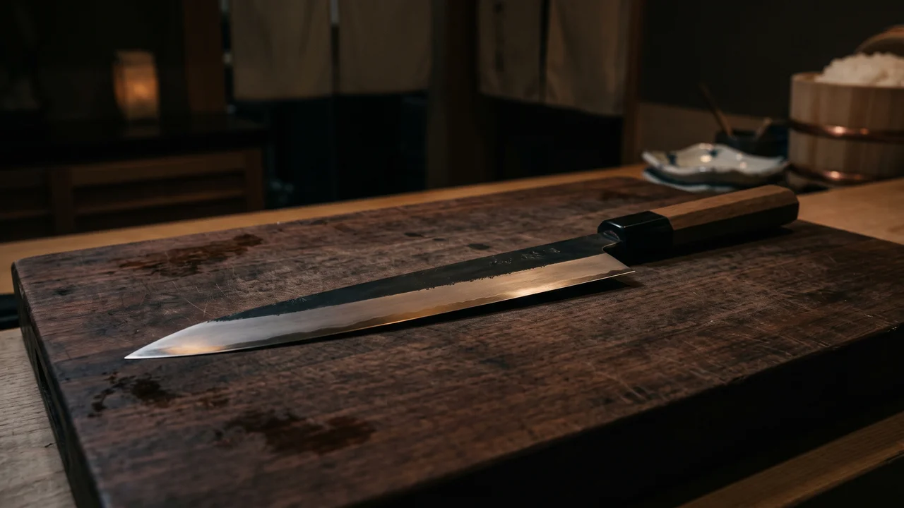 Un cuchillo japonés yanagiba de un solo filo apoyado por su cara plana sobre una tabla oscura, con la luz raspando el bisel único de la hoja
