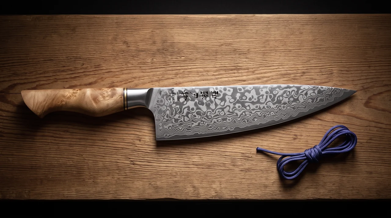 Gyuto HEZHEN de damasco de 67 capas con mango de sicómoro figurado sobre tabla de madera clara