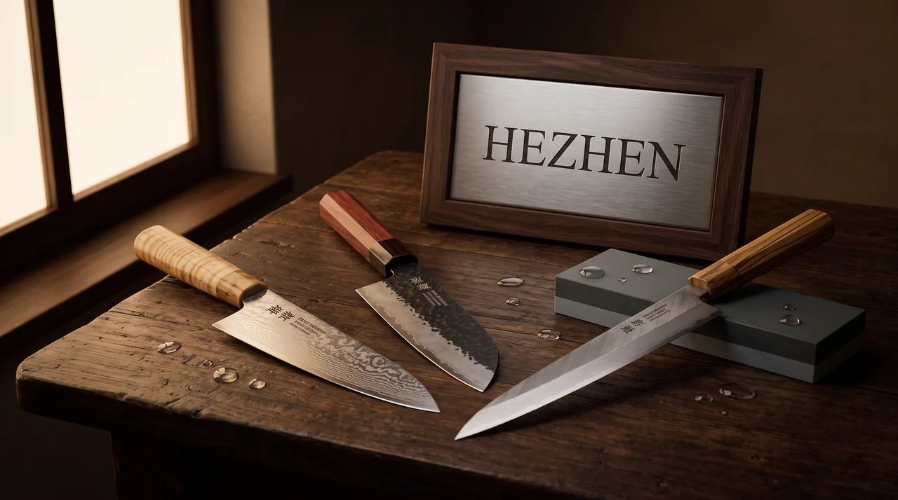 Cuchillo HEZHEN de damasco con mango de sicómoro figurado sobre tabla oscura