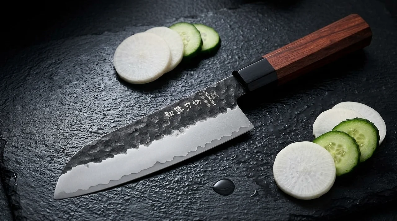 Santoku HEZHEN de acabado oscuro martillado con mango wa octogonal de madera rojiza sobre pizarra, junto a rodajas de daikon y pepino