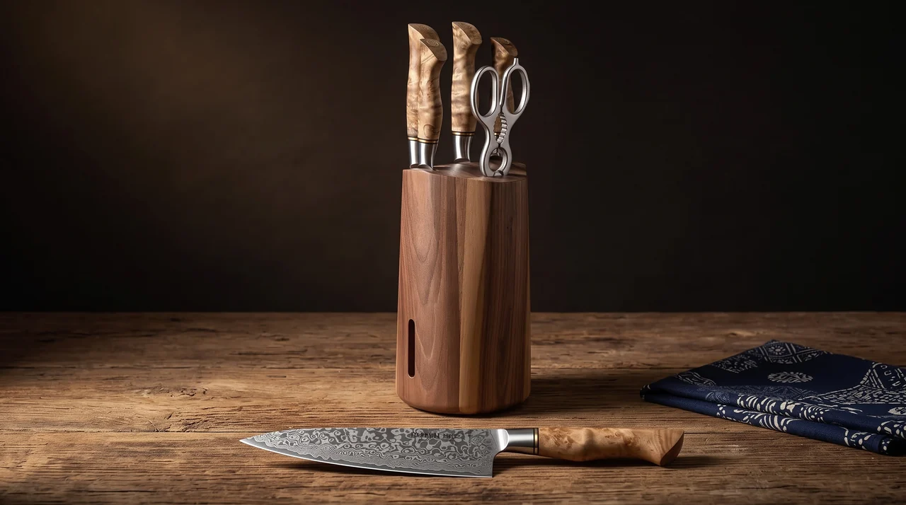 Set HEZHEN con bloque de madera de nogal, cuchillos de mango claro y tijeras, y un cuchillo de damasco delante sobre mesa rústica