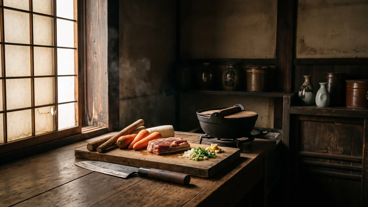 Una cocina japonesa modesta de mediados del siglo XX en penumbra, con una tabla de madera sobre la que reposa un santoku junto a carne, zanahoria, daikon y cebolletas, y una olla de hierro al fondo