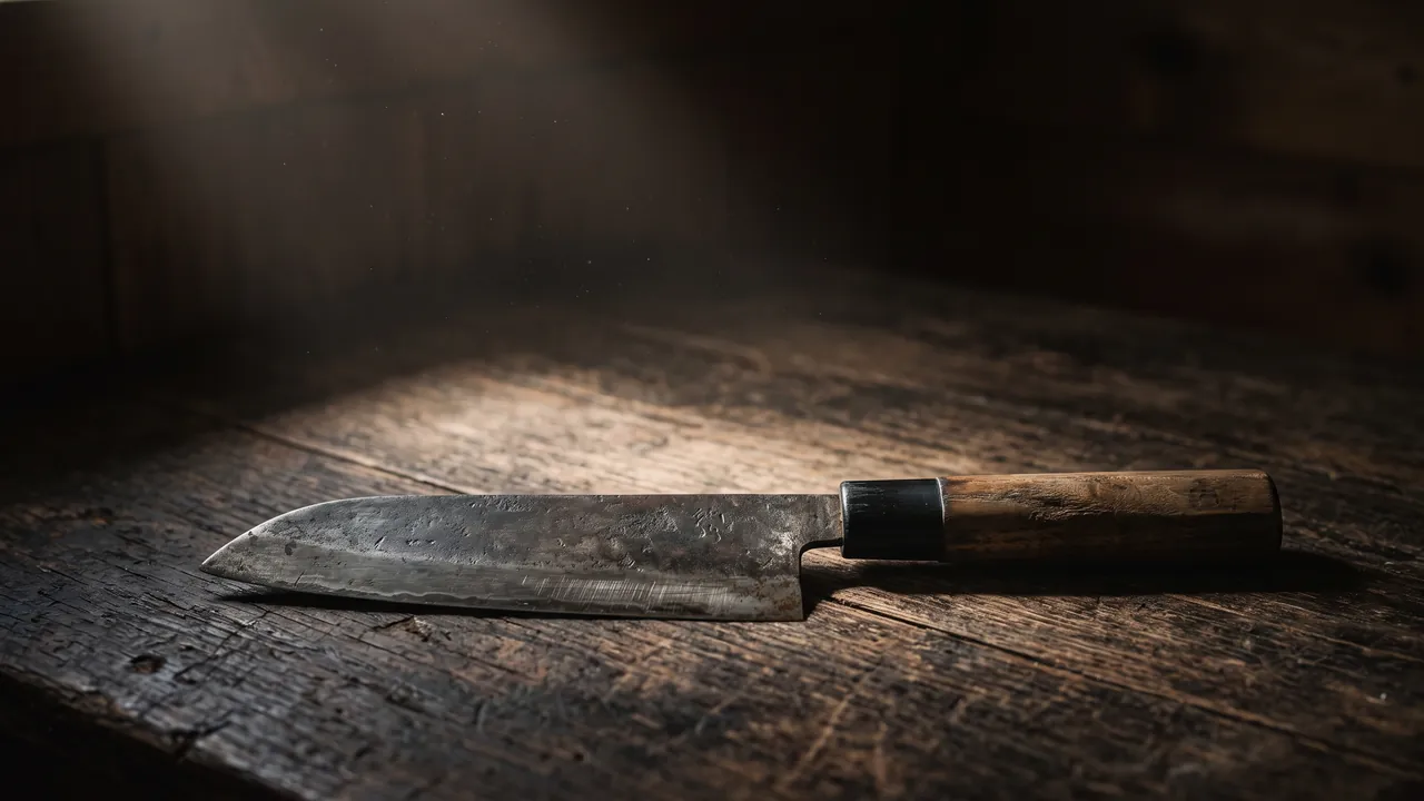 Un santoku antiguo de acero al carbono con pátina profunda y mango de magnolia desgastado, reposando sobre madera envejecida bajo un haz de luz suave