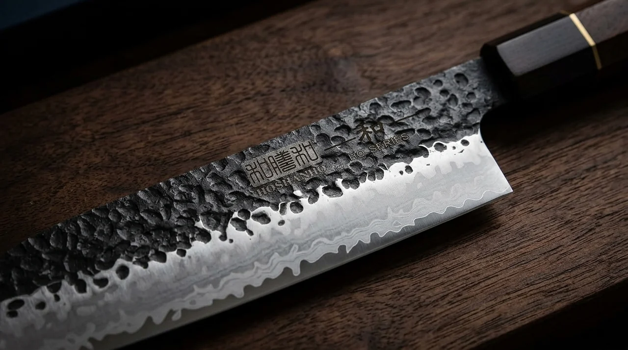 Detalle macro del filo del HOSHANHO Santoku, con el acero pulido