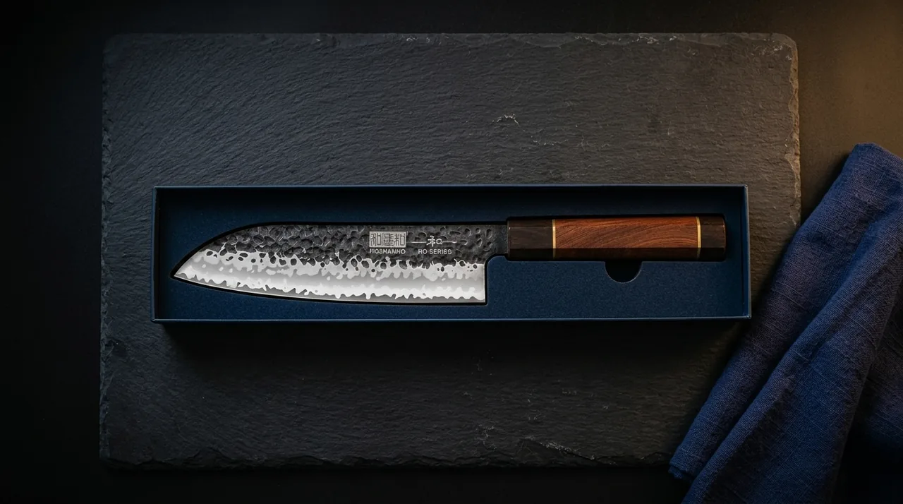 El HOSHANHO Santoku VG-10 en su caja azul de presentación abierta, con la hoja martillada a la vista