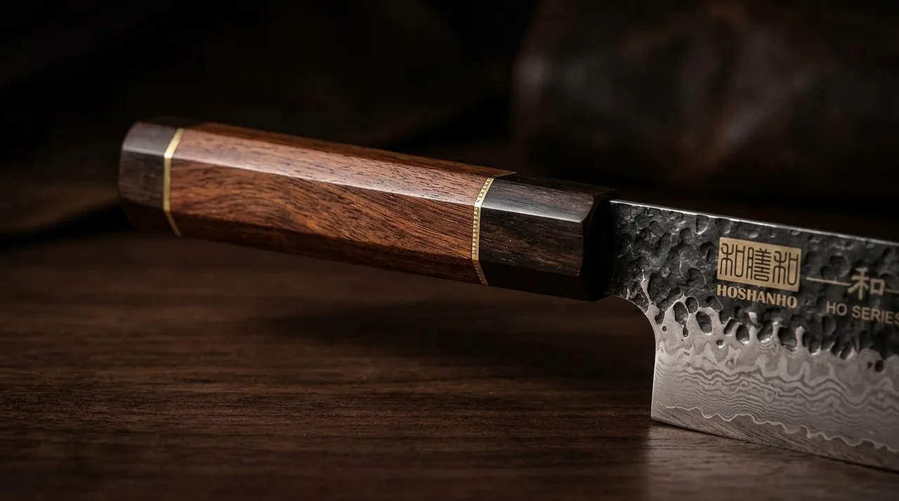 Detalle del mango octogonal de palo de rosa del HOSHANHO Santoku, con el hilo de cobre