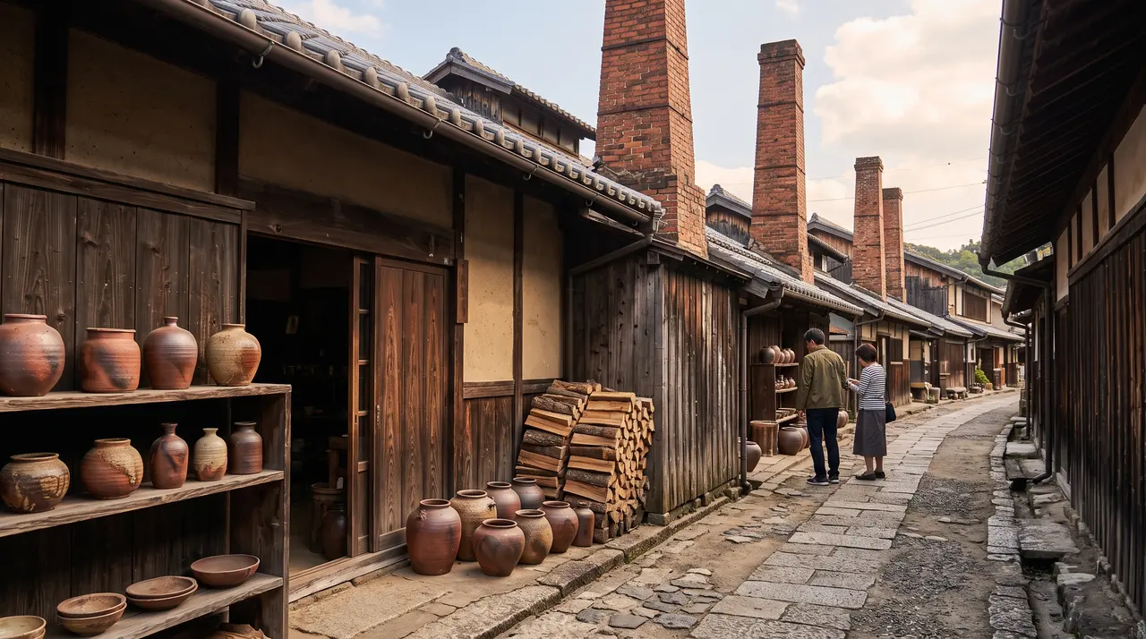 Calle empedrada del barrio alfarero de Imbe, con casas de madera y tejado oscuro, cuatro chimeneas de ladrillo de los hornos asomando sobre los tejados, tinajas y jarras de Bizen-yaki sin esmaltar expuestas en estanterías de madera a pie de puerta y leña apilada contra la pared