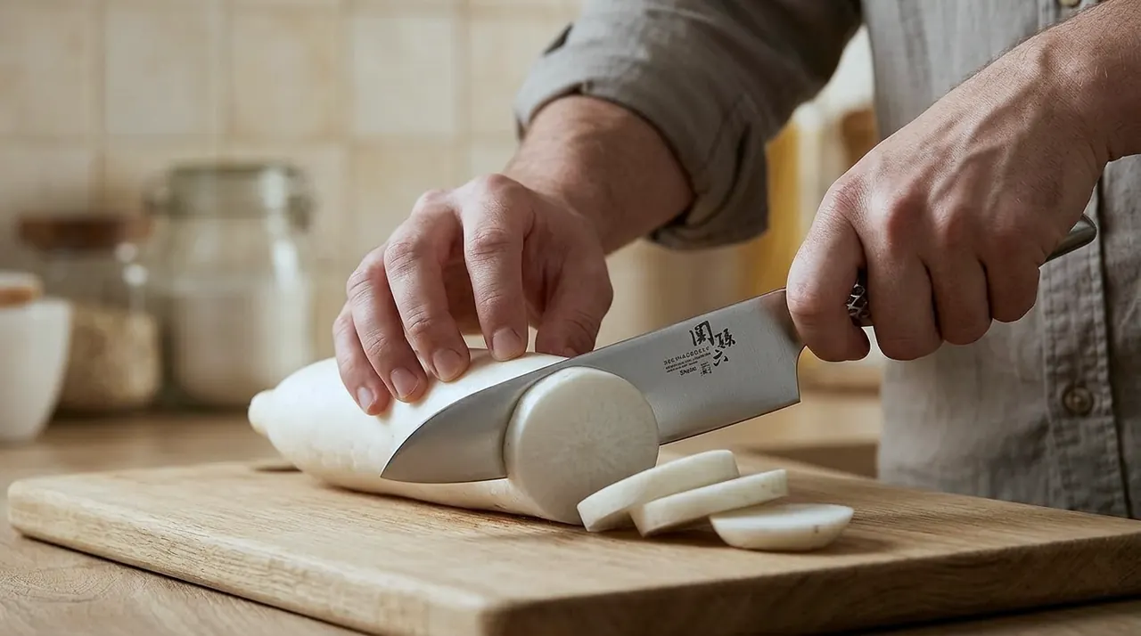 El Santoku KAI Seki Magoroku Shoso cortando rodajas finas de nabo sobre una tabla de madera