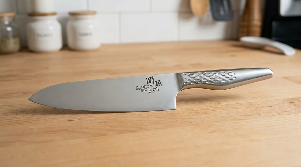 Santoku KAI Seki Magoroku Shoso de 16,5 cm con mango de acero inoxidable de una pieza sobre una encimera de madera clara