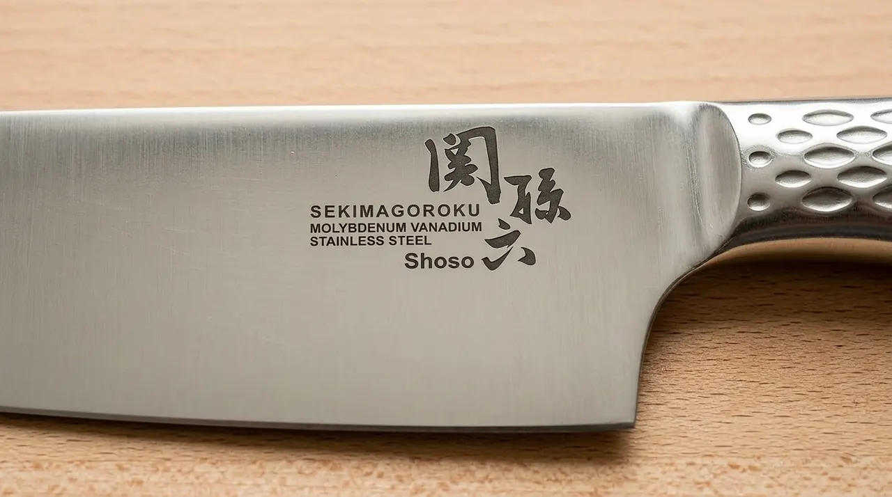 Grabado Sekimagoroku Shoso y kanji 関孫六 en la hoja de acero inoxidable al molibdeno vanadio