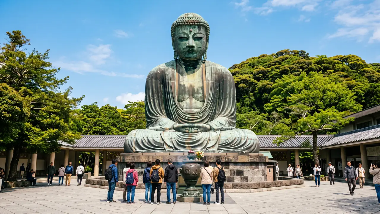 El Gran Buda de bronce de Kamakura sentado en meditación al aire libre, con la pátina verde del tiempo, un grupo de visitantes a sus pies para dar escala y la arboleda verde detrás bajo cielo azul