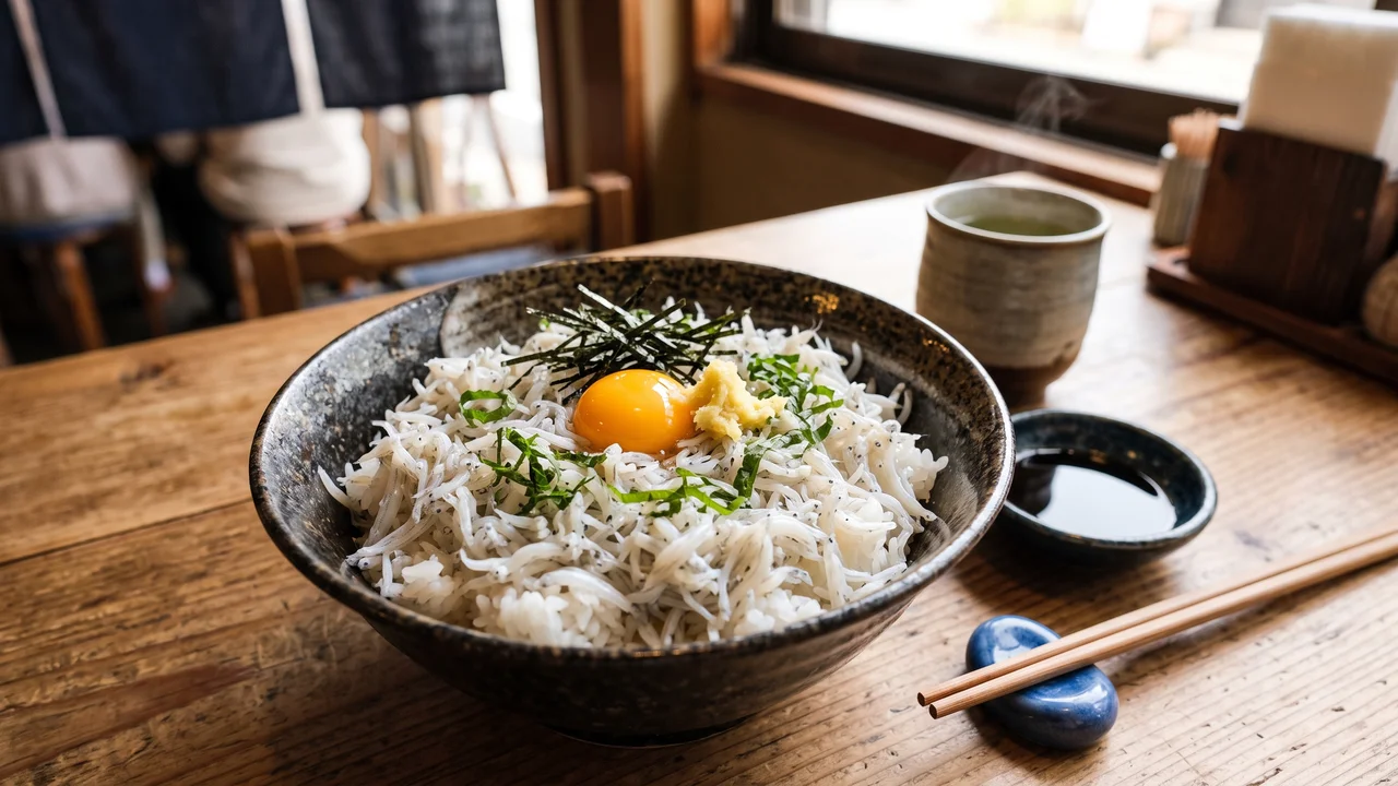 Cuenco de shirasu-don sobre mesa de madera: arroz blanco cubierto de crías de sardina translúcidas, con yema de huevo, jengibre rallado, nori y shiso, junto a un platito de soja, palillos y una taza de té verde en una casa de comidas japonesa
