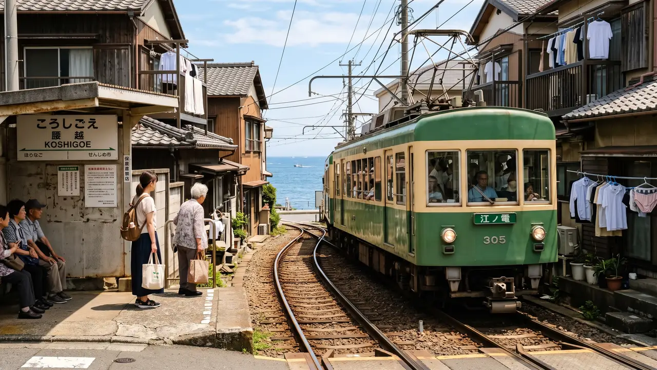 Tranvía Enoden verde y crema saliendo de una curva entre las casas de la costa de Kamakura, con ropa tendida junto a la vía, viajeros esperando en el andén y el mar asomando al fondo