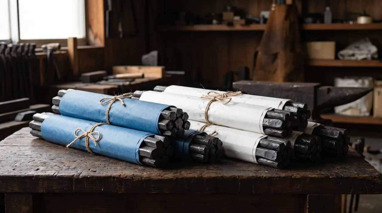 Haces de barras de acero al carbono envueltos en papel azul y papel blanco y atados con cuerda sobre el banco de un taller, el origen de los nombres de estos aceros japoneses