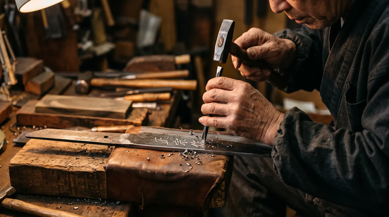 Un artesano japonés grabando a mano el nombre en la hoja de un cuchillo con un cincel y un martillo, cortando los kanji golpe a golpe en el acero, la técnica del meikiri