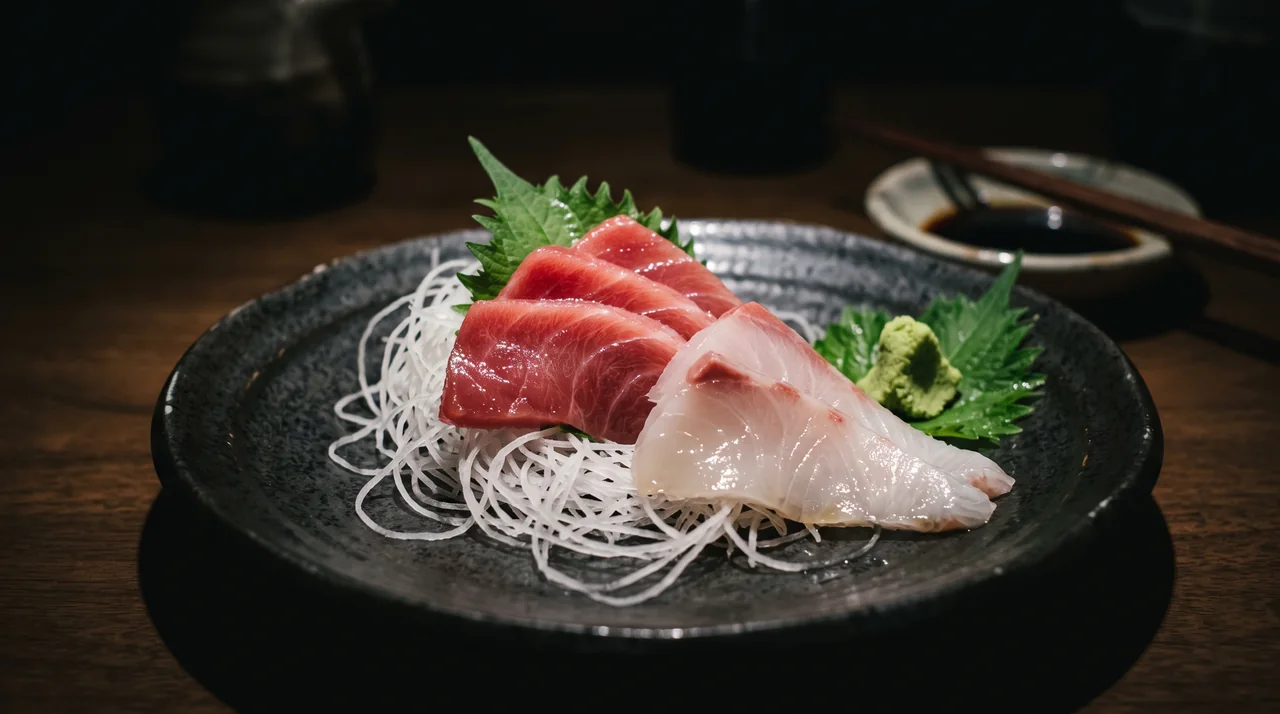 Un plato de sashimi con láminas de pescado crudo reposando sobre un nido de finísimos hilos de daikon rallado, el ken, en un plato de cerámica oscura