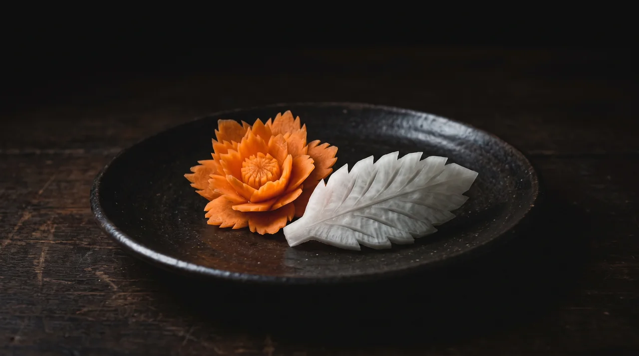 Piezas de mukimono, el corte decorativo japonés: una flor tallada en zanahoria y una hoja tallada en daikon sobre un plato de cerámica oscura