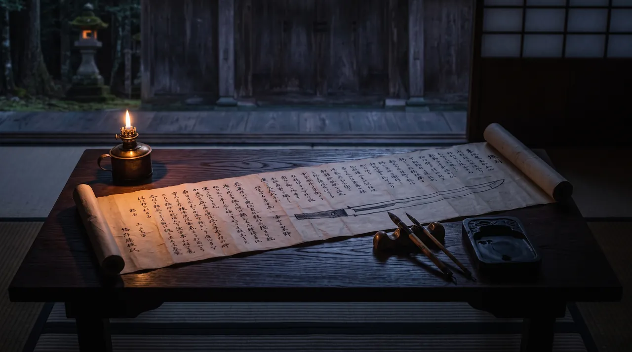 Pergamino japonés antiguo desenrollado sobre una mesa baja de madera, con columnas de caligrafía a pincel y el dibujo de una hoja recta, iluminado por una lámpara de aceite