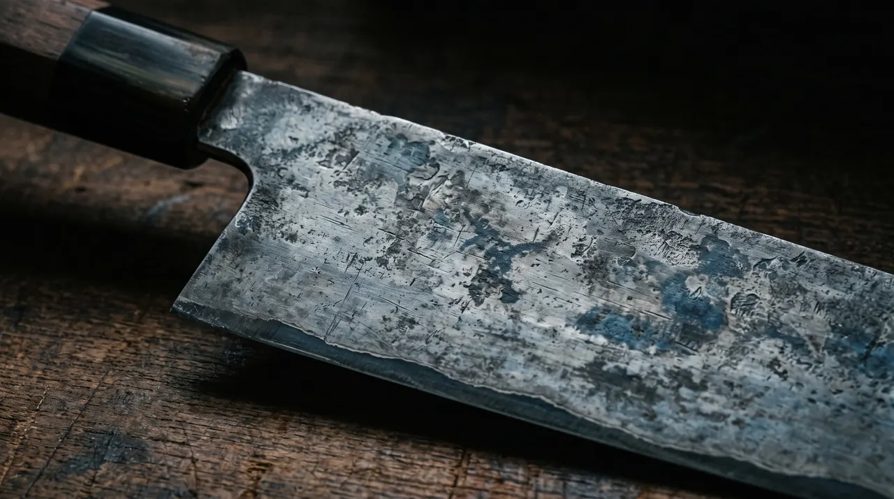 Primer plano de la hoja de un cuchillo japonés de acero al carbono con la pátina grisácea y azulada desarrollada por el uso, sobre madera, con luz lateral que revela la textura del acero