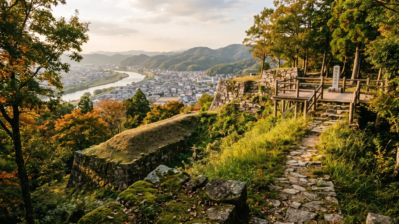Las ruinas del castillo de Miki sobre una loma verde junto al río Minō, con el foso y los muros de piedra antiguos entre árboles, y la ciudad extendiéndose al fondo bajo el cielo de la tarde