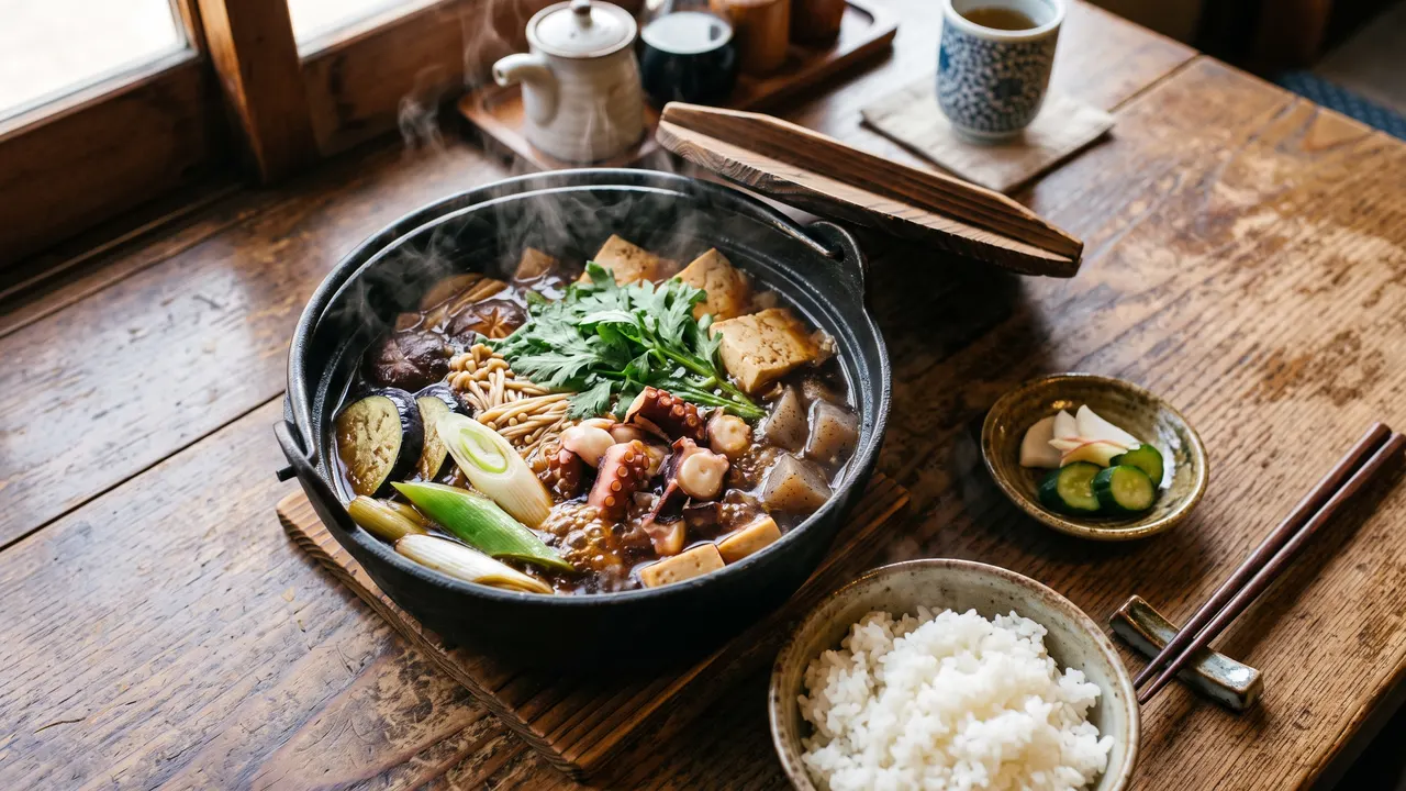 Kajiya-nabe, la olla del herrero, un guiso japonés de pulpo y berenjena en una cazuela de hierro humeante sobre la mesa, con arroz blanco y encurtidos al lado, en una casa de comidas tradicional