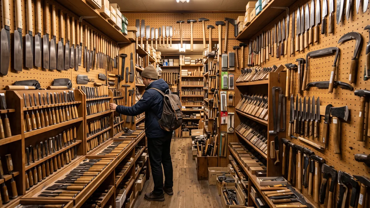 Interior de la tienda de herramientas de Miki, con las paredes y estanterías cubiertas de sierras, escoplos y cepillos de arriba abajo, y un visitante de espaldas curioseando entre los expositores